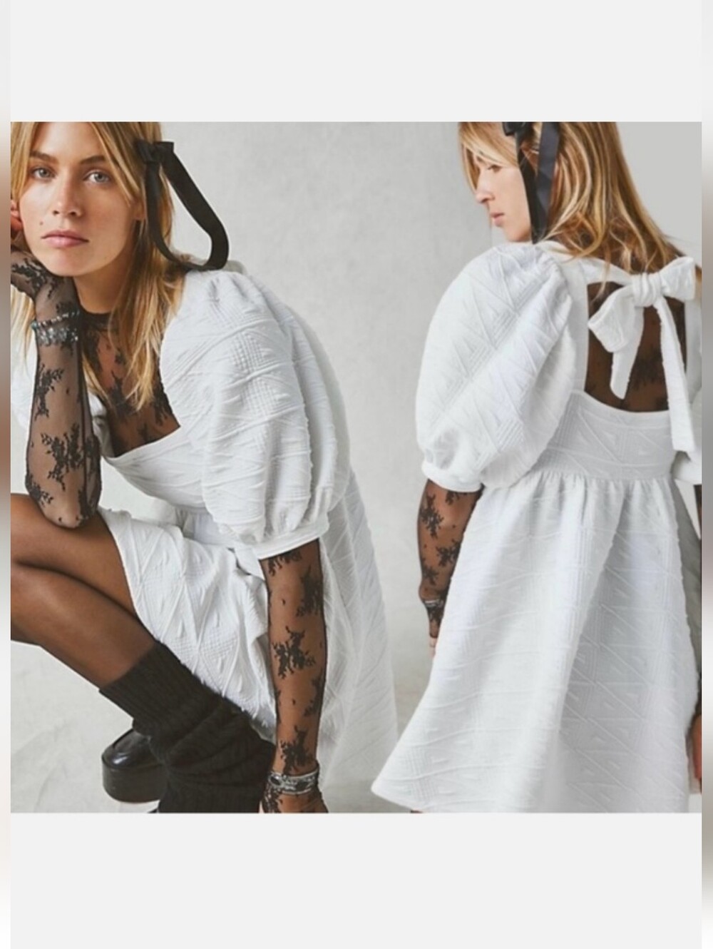 Free People Cream Knit Mini Dress with Puff Detail